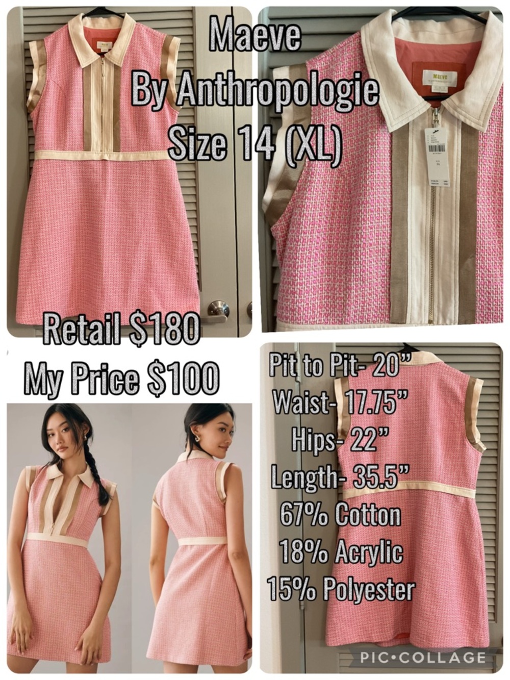 Maeve Pink Tweed Sleeveless Shift Dress with Cream Trim